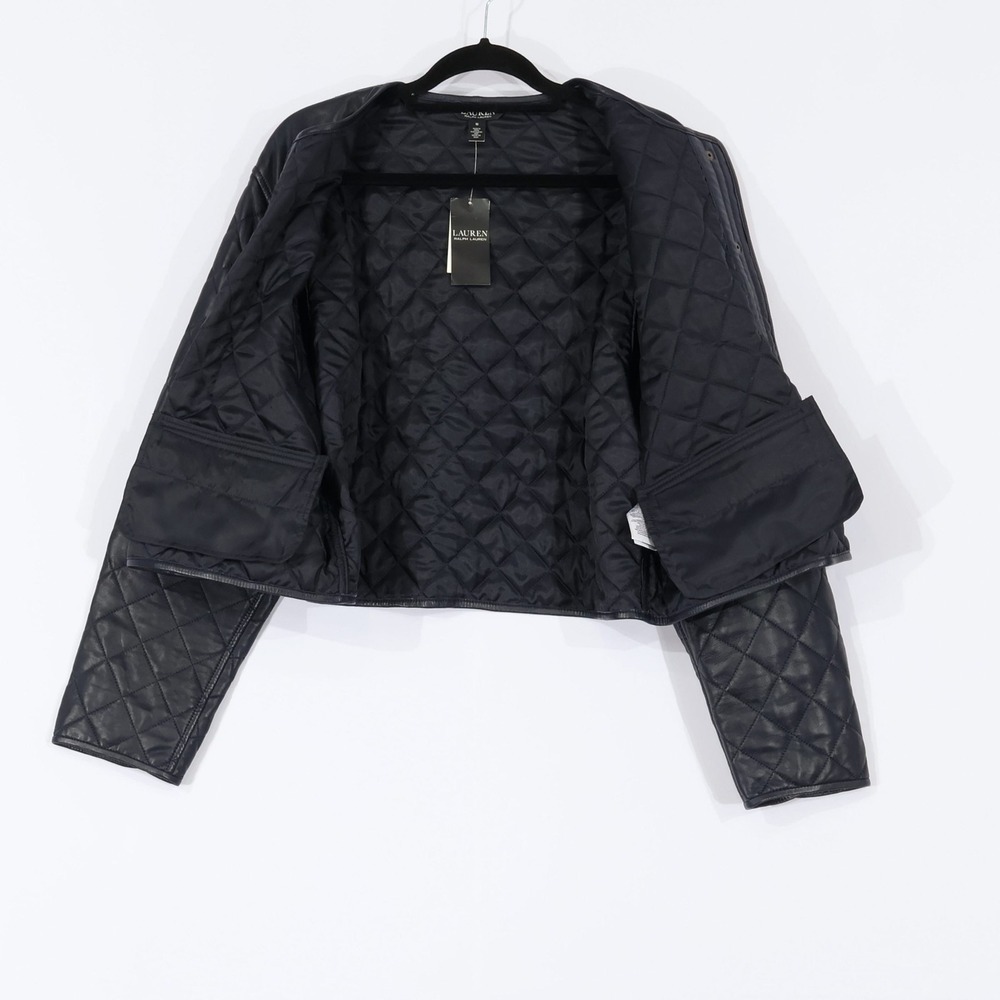Lauren Ralph Lauren Diamond Quilted Leather Jacket Women 16 Navy Cropped $695NWT - Picture 5 of 14